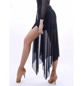 Women black mesh irregular latin ballroom dance skirts see though two ways wearing rumba chacha samba dancing skirts for female